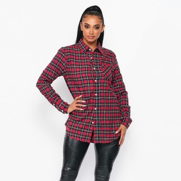 NEW FALL UNISEX TRENDY RED MULTI PLAID FLANNEL LONG SLEEVE BUTTON UP SHIRT - Picture 6 of 7